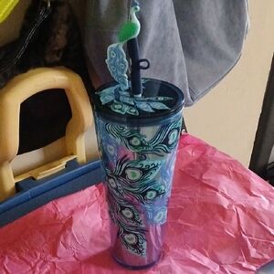 Starbucks Blue and Green Tumbler with Peacock Design New No Tags